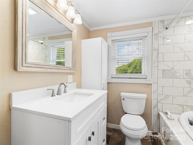 819 Mauney Cove Rd, Waynesville, NC 28786 - bathroom with crown molding, bathing tub / shower combination, toilet, and vanity