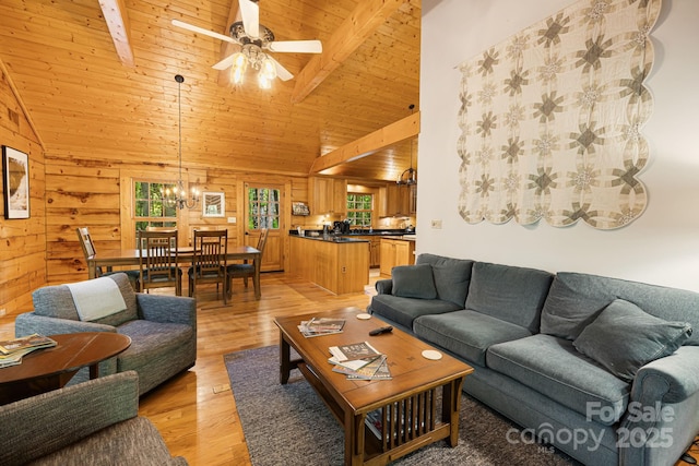 1415 Little River Campground Rd, Pisgah Forest, NC 28768 - living room with ceiling fan, light wood-style flooring, wood walls, a chandelier, and wood ceiling