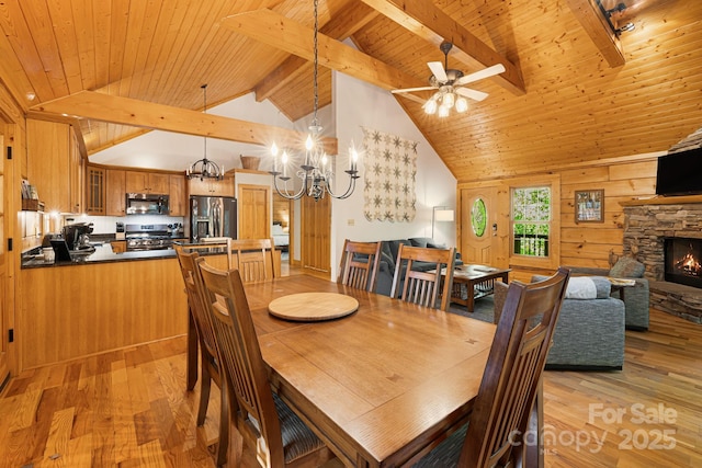 1415 Little River Campground Rd, Pisgah Forest, NC 28768 - dining room featuring light wood finished floors, wood ceiling with exposed beams, a fireplace, a chandelier, and wooden walls