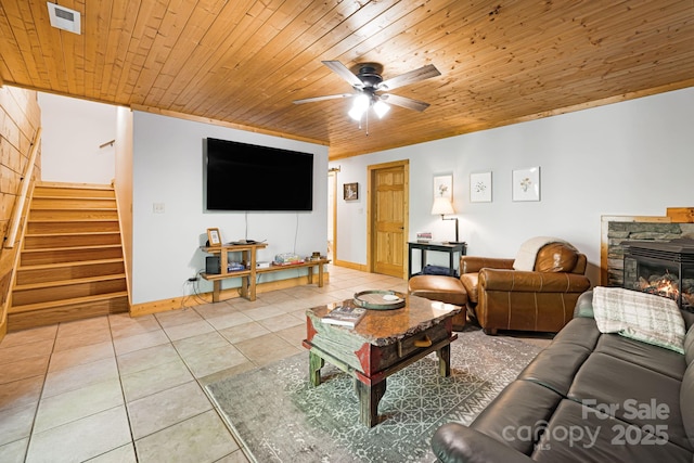1415 Little River Campground Rd, Pisgah Forest, NC 28768 - tiled living area featuring wooden ceiling, stairs, ceiling fan, baseboards, and a fireplace