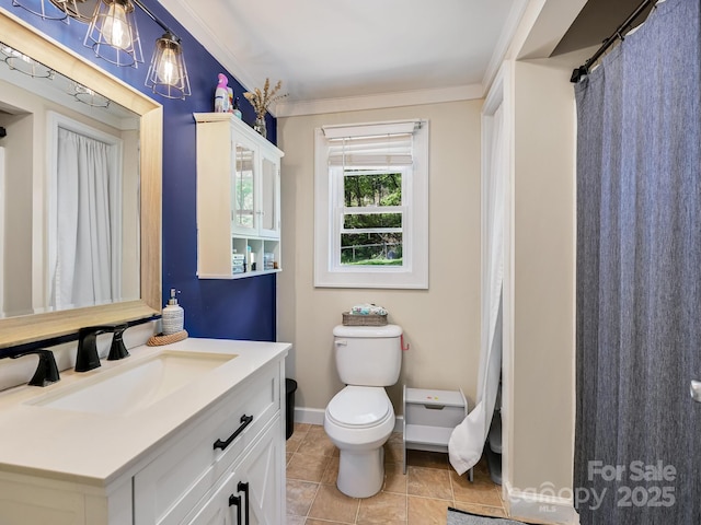 full bath with tile patterned flooring, vanity, toilet, baseboards, and ornamental molding