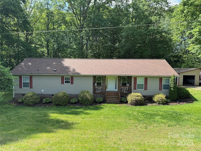 ranch-style house featuring a porch, crawl space, a garage, and a front lawn
