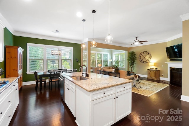 9735 Wheatfield Rd, Charlotte, NC 28277 - kitchen with stainless steel dishwasher, dark wood-type flooring, a ceiling fan, baseboards, and open floor plan
