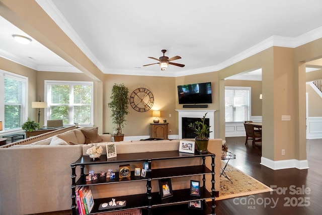 9735 Wheatfield Rd, Charlotte, NC 28277 - living area featuring wood finished floors, a ceiling fan, plenty of natural light, ornamental molding, and a glass covered fireplace