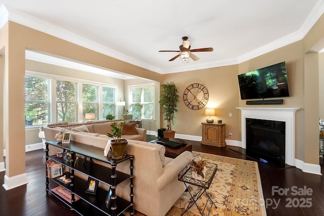 9735 Wheatfield Rd, Charlotte, NC 28277 - living area with ceiling fan, crown molding, dark wood-style flooring, a fireplace with flush hearth, and baseboards