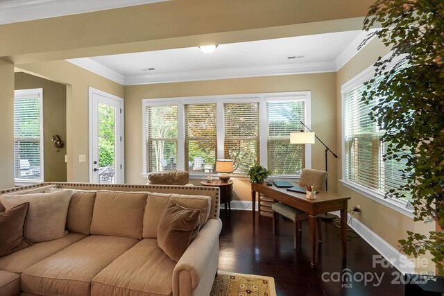9735 Wheatfield Rd, Charlotte, NC 28277 - living room with baseboards, dark wood-style flooring, and crown molding