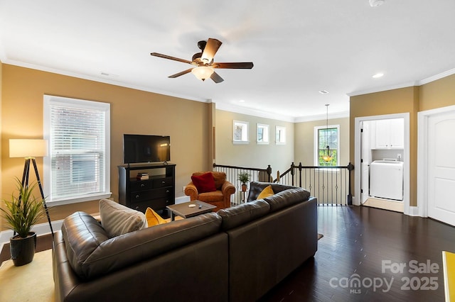 9735 Wheatfield Rd, Charlotte, NC 28277 - living area featuring washer / clothes dryer, dark wood-style floors, ceiling fan, crown molding, and recessed lighting