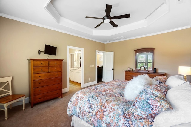 9735 Wheatfield Rd, Charlotte, NC 28277 - bedroom featuring a raised ceiling, carpet floors, ornamental molding, and ceiling fan