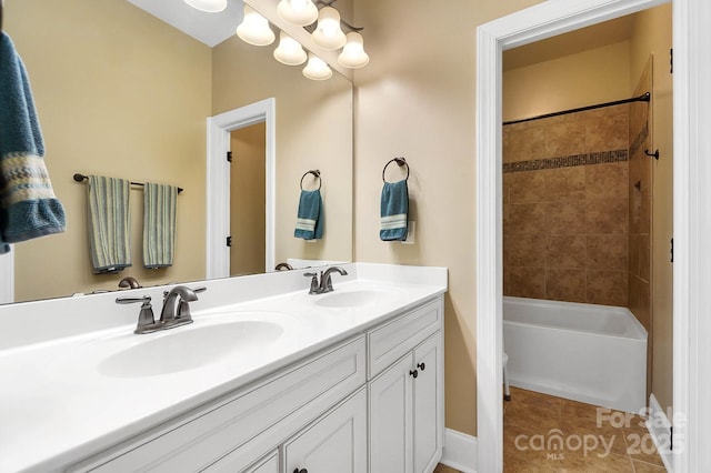 9735 Wheatfield Rd, Charlotte, NC 28277 - full bathroom featuring double vanity, tile patterned floors, a chandelier, and bathing tub / shower combination