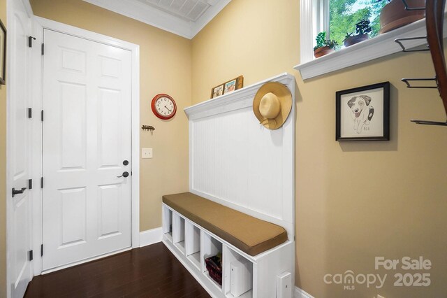 9735 Wheatfield Rd, Charlotte, NC 28277 - mudroom featuring dark wood finished floors, baseboards, and crown molding
