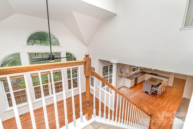 stairway featuring high vaulted ceiling, wood finished floors, and ceiling fan with notable chandelier