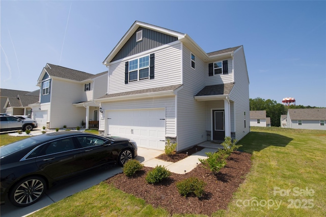 view of front of home featuring board and batten siding, an attached garage, concrete driveway, and a front yard