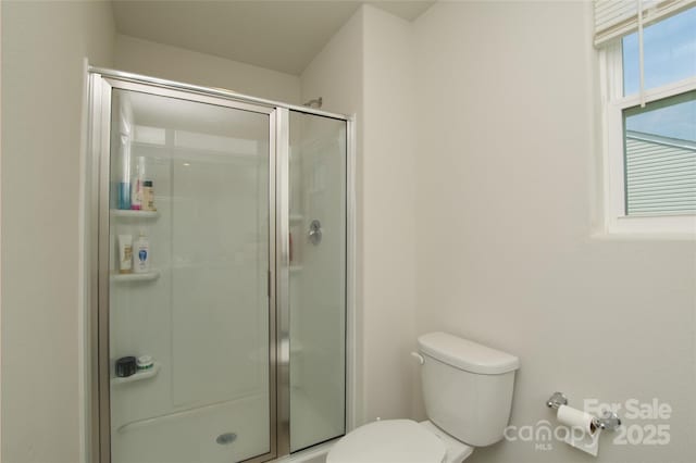 full bathroom featuring a shower stall and toilet