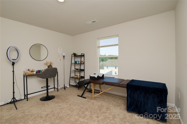 office space featuring baseboards, carpet, and visible vents