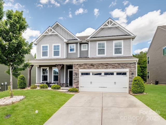 4316 Falls Lake Dr SW, Concord, NC 28025 - craftsman-style house featuring a porch, driveway, a front lawn, stone siding, and a garage