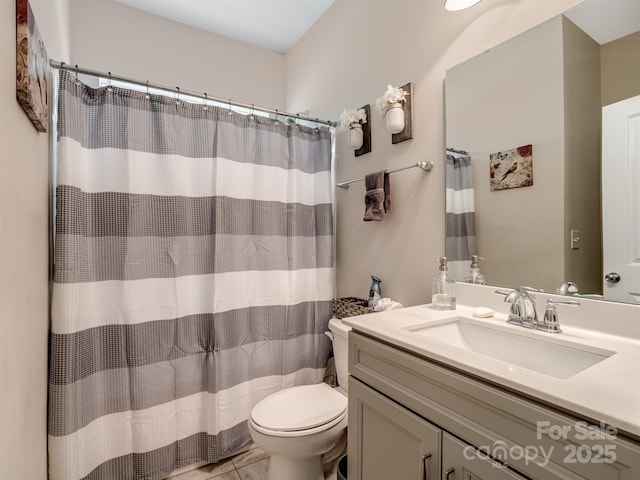 4316 Falls Lake Dr SW, Concord, NC 28025 - full bathroom with toilet, vanity, a shower with shower curtain, and tile patterned flooring