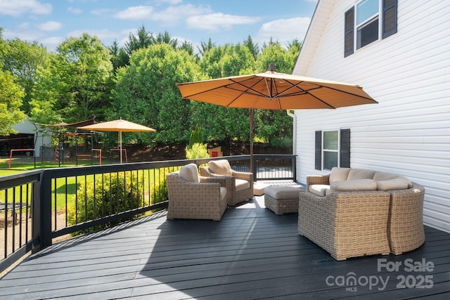 44 White Thorn Dr, Alexander, NC 28701 - wooden terrace featuring fence, a yard, and an outdoor hangout area