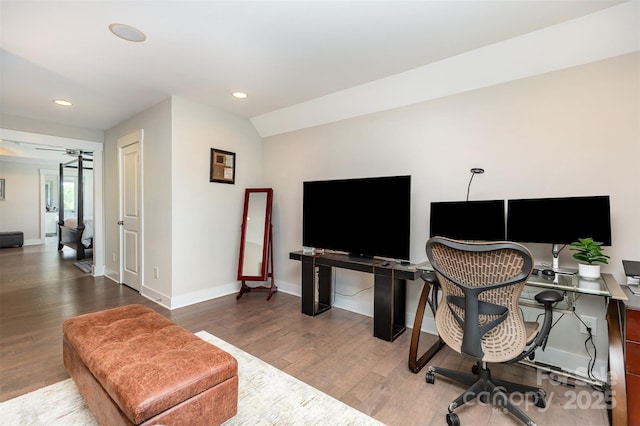 office space featuring wood finished floors, recessed lighting, and baseboards