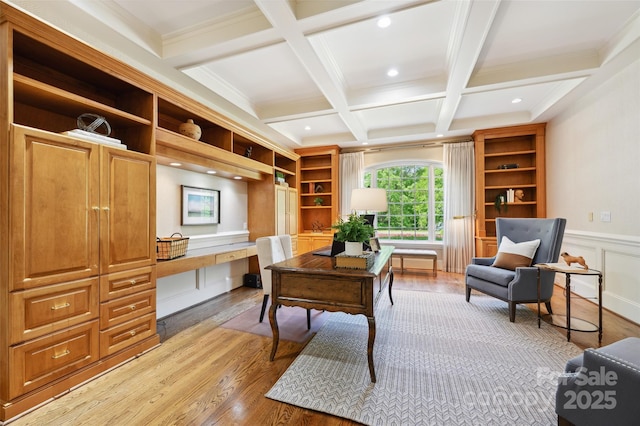 5701 Challisford Ln, Charlotte, NC 28226 - office space featuring beam ceiling, built in study area, a wainscoted wall, wood finished floors, and coffered ceiling