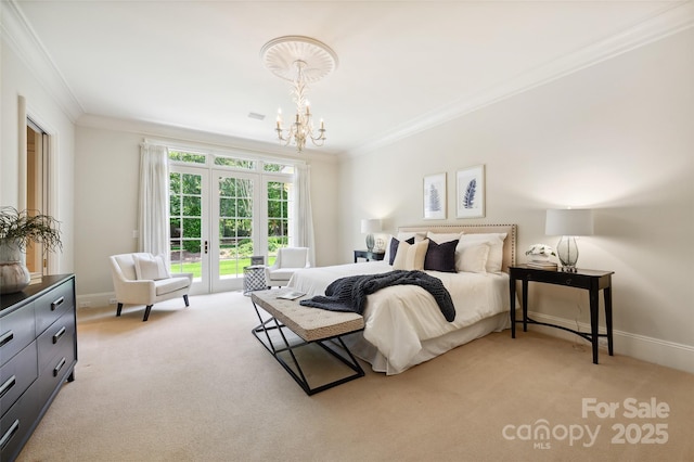 5701 Challisford Ln, Charlotte, NC 28226 - bedroom with crown molding, access to outside, light carpet, a chandelier, and baseboards