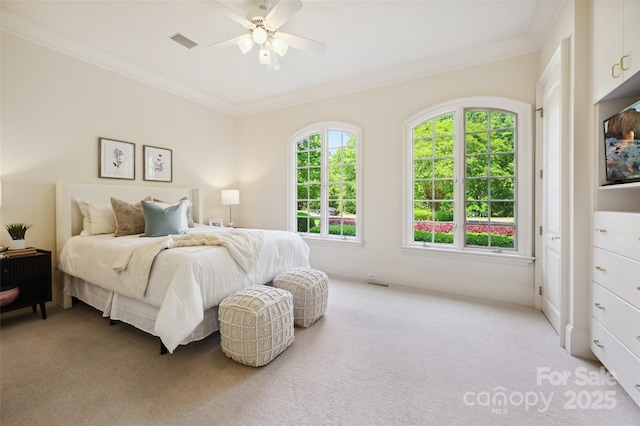5701 Challisford Ln, Charlotte, NC 28226 - bedroom featuring crown molding, visible vents, and light colored carpet
