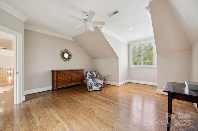 5701 Challisford Ln, Charlotte, NC 28226 - bonus room with lofted ceiling, wood finished floors, visible vents, ceiling fan, and baseboards