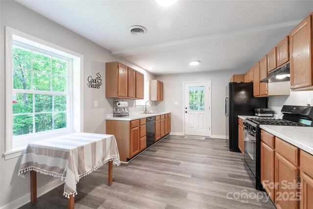 kitchen with visible vents, light countertops, under cabinet range hood, a sink, and black appliances