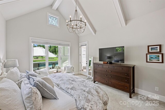 carpeted bedroom with an inviting chandelier, beamed ceiling, baseboards, and high vaulted ceiling
