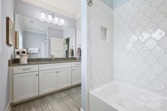 full bathroom featuring a shower with curtain, visible vents, vanity, crown molding, and a tub
