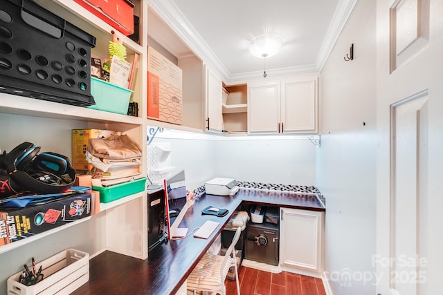 6910 Birdsong Ln, Waxhaw, NC 28173 - home office with built in desk, dark wood-type flooring, and crown molding