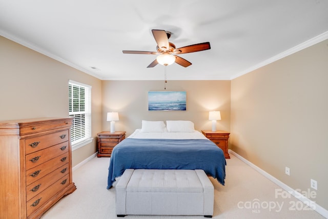 6910 Birdsong Ln, Waxhaw, NC 28173 - bedroom with light carpet, baseboards, ornamental molding, and a ceiling fan