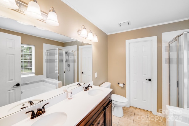 6910 Birdsong Ln, Waxhaw, NC 28173 - full bath featuring a shower stall, tile patterned floors, crown molding, toilet, and double vanity