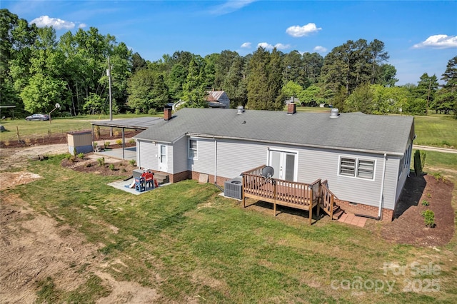 159 Old Home Pl, China Grove, NC 28023 - rear view of property with a wooden deck, roof with shingles, a chimney, crawl space, and a yard