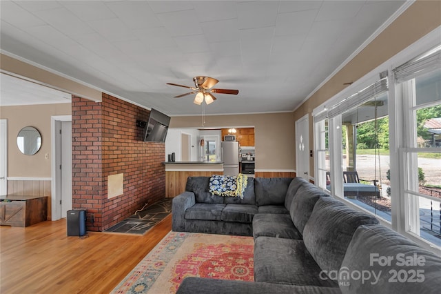 159 Old Home Pl, China Grove, NC 28023 - living area with light wood-style floors, ornamental molding, plenty of natural light, and ceiling fan