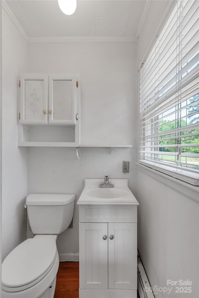 159 Old Home Pl, China Grove, NC 28023 - bathroom featuring crown molding, vanity, toilet, and wood finished floors