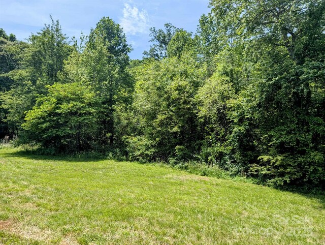view of yard featuring a forest view