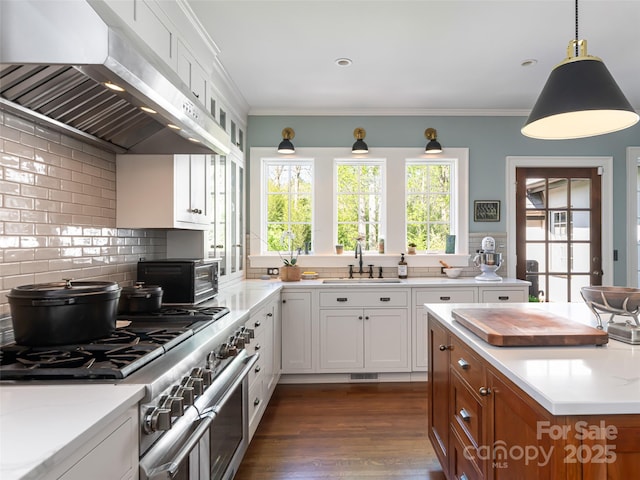 341 Vanderbilt Rd, Asheville, NC 28803 - kitchen with exhaust hood, backsplash, range with two ovens, a sink, and white cabinets