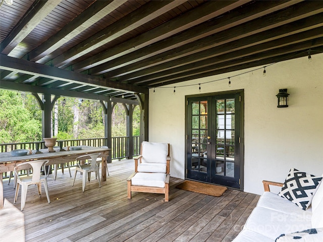 341 Vanderbilt Rd, Asheville, NC 28803 - wooden terrace with french doors and outdoor dining space