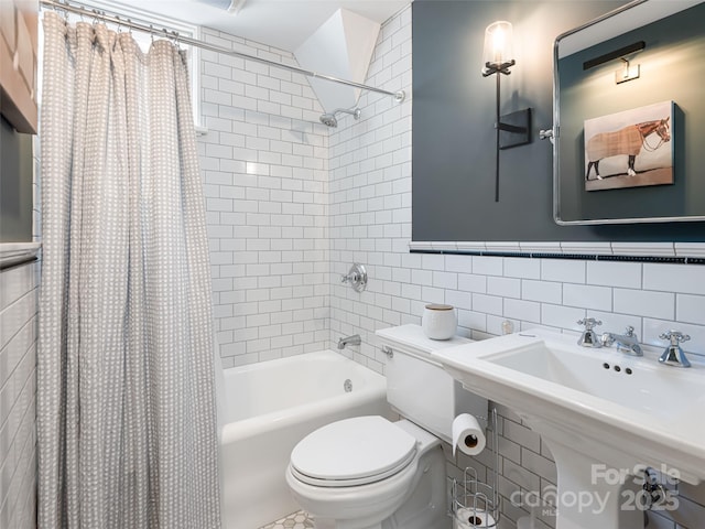 341 Vanderbilt Rd, Asheville, NC 28803 - bathroom with toilet, tile walls, shower / bathtub combination with curtain, a sink, and backsplash