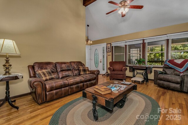 385 N Fork Rd, Black Mountain, NC 28711 - living area featuring baseboards, ceiling fan, wood finished floors, and high vaulted ceiling