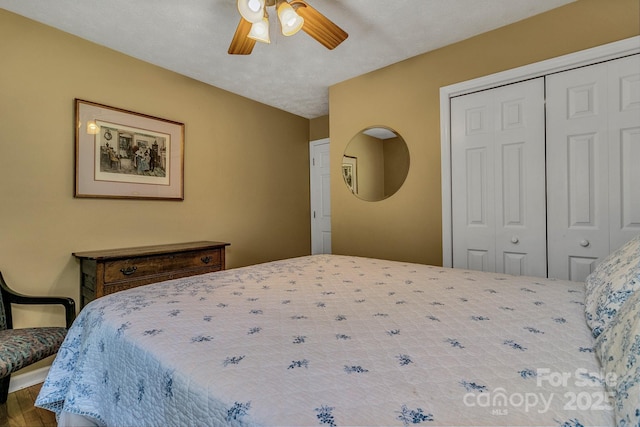 385 N Fork Rd, Black Mountain, NC 28711 - bedroom with a ceiling fan, a closet, and wood finished floors