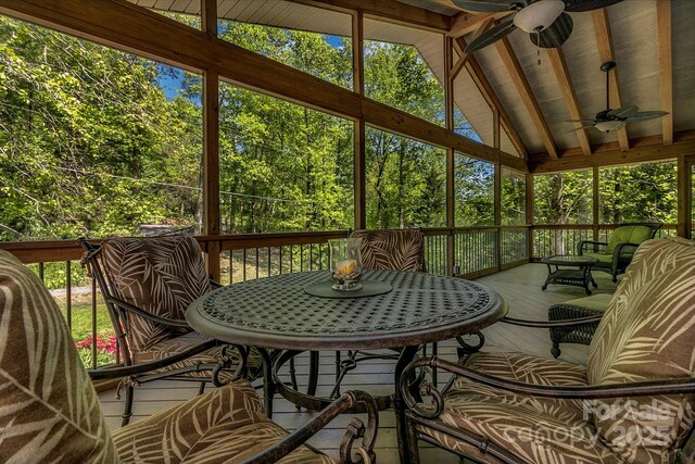 385 N Fork Rd, Black Mountain, NC 28711 - sunroom / solarium featuring outdoor dining area, ceiling fan, and beam ceiling
