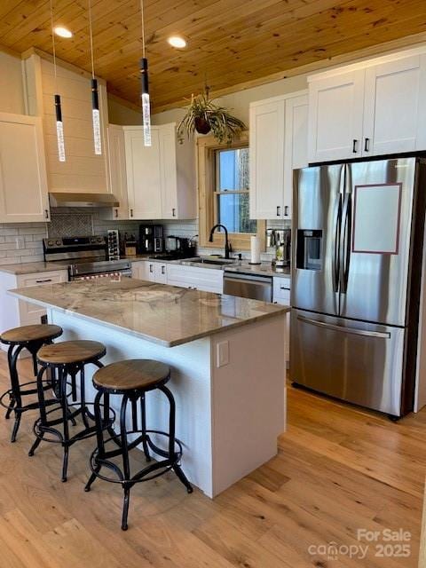 LOT7 Legacy Dr Unit 7, Fleetwood, NC 28626 - kitchen with white cabinets, appliances with stainless steel finishes, a sink, wooden ceiling, and a kitchen island