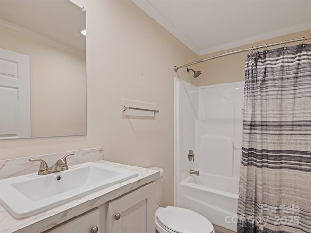 bathroom with crown molding, shower / bathtub combination with curtain, toilet, and vanity