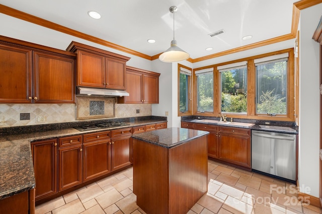 117 Distant View Dr, Asheville, NC 28803 - kitchen with stainless steel appliances, a sink, under cabinet range hood, crown molding, and tasteful backsplash