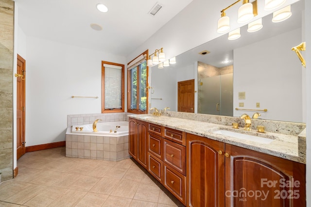 117 Distant View Dr, Asheville, NC 28803 - full bathroom with tile patterned floors, a stall shower, a whirlpool tub, and double vanity