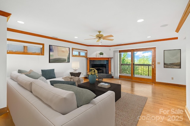 117 Distant View Dr, Asheville, NC 28803 - living area featuring a ceiling fan, baseboards, a fireplace, light wood-style flooring, and recessed lighting