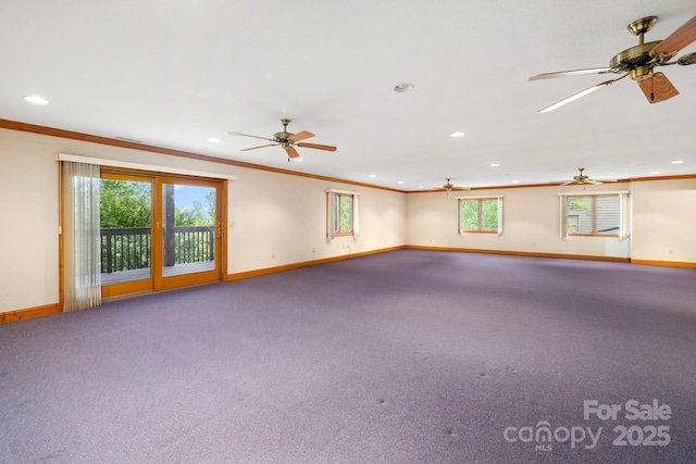 117 Distant View Dr, Asheville, NC 28803 - carpeted empty room featuring baseboards, crown molding, recessed lighting, and a ceiling fan
