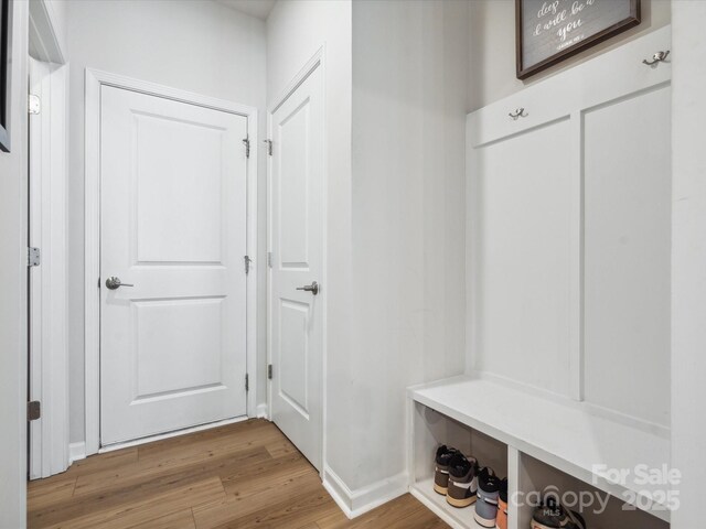 mudroom featuring baseboards and wood finished floors