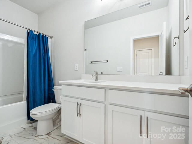 bathroom featuring visible vents, shower / bath combo with shower curtain, marble finish floor, vanity, and toilet